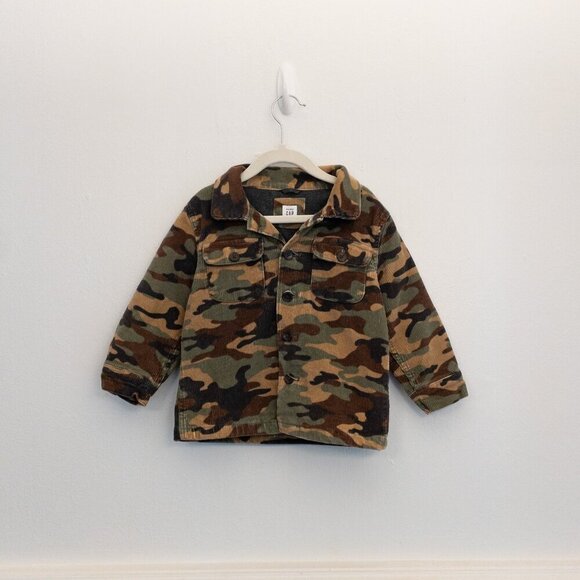 GAP Kids Camo Corduroy Jacket 3T Toddler Boys Green Brown Button Front Fall - Picture 2 of 5